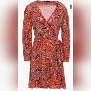 Maje Ruffled Leopard-print Crepe Wrap Mini Dress-RED